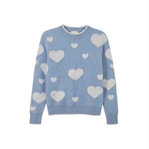 NWT Nanette Lepore Blue & White Hearts Pearl Detail Pullover Sweater Size Smal